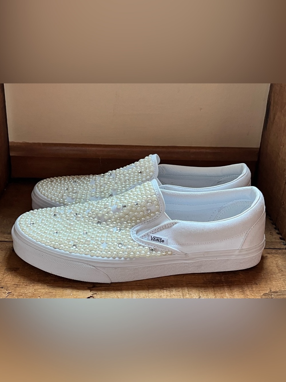 Pearl Embellished White Vans Slip ons-Wedding-Women’s 11 Men 9.5